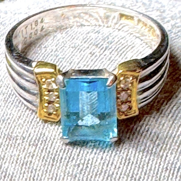 Auth Preloved Blue Topaz 1.84 ct Diamond .04 ct Platinum Gold X K18 Ring Sz 6.58 - Picture 7 of 15